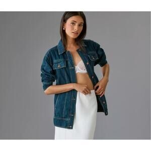 Pilcro Longline Denim Jacket Belted Waist Dark Blue Cotton Linen Blend Size L